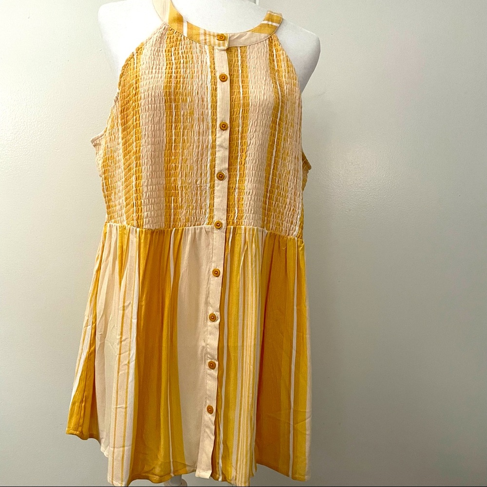 Yellow Stripe Button Smocked Babydoll Tank